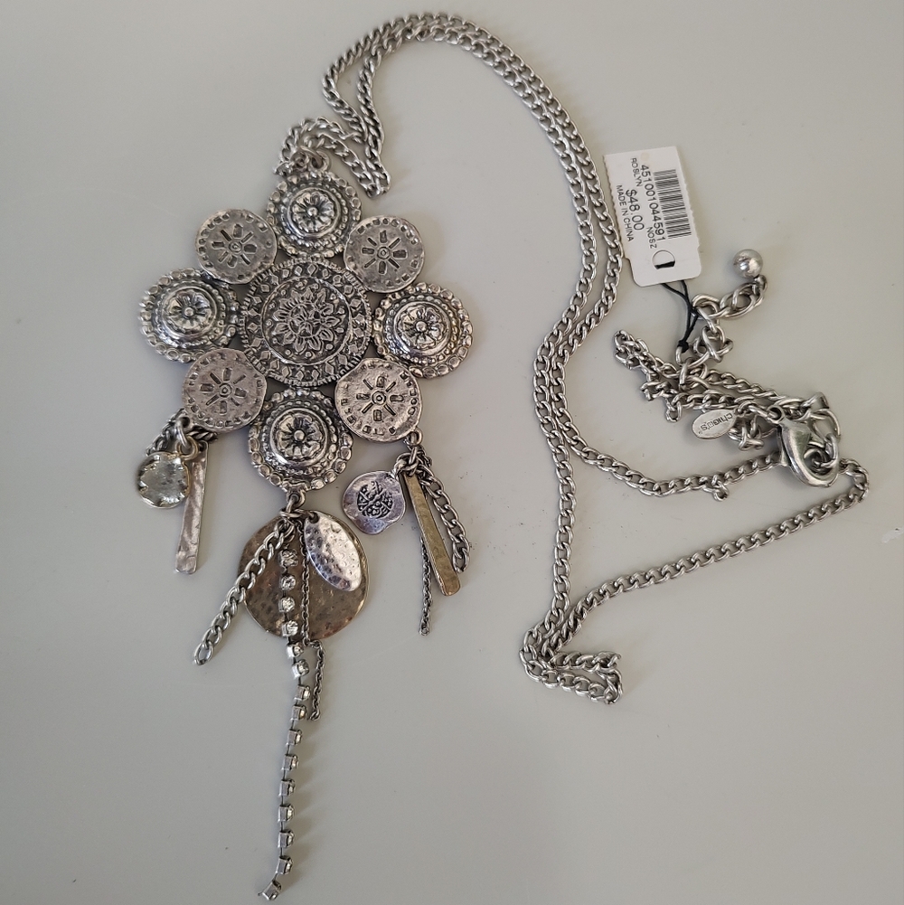 Chico's Vintage Mixed Metal Necklace Mayan Aztec Rhinestone Drop 1990s Y2K NWT